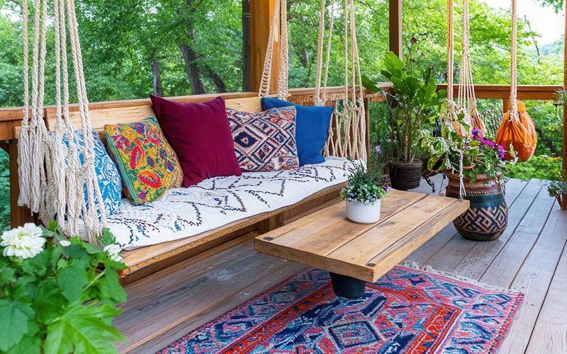 A bohemian style veranda with hanging macrame swings, colorful p